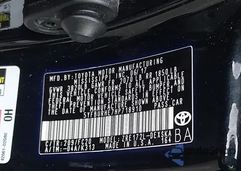 2017 Toyota Corolla L/Le/Xle/Se/Xse from USA, damaged, VIN 5YFBURHE7HP718910